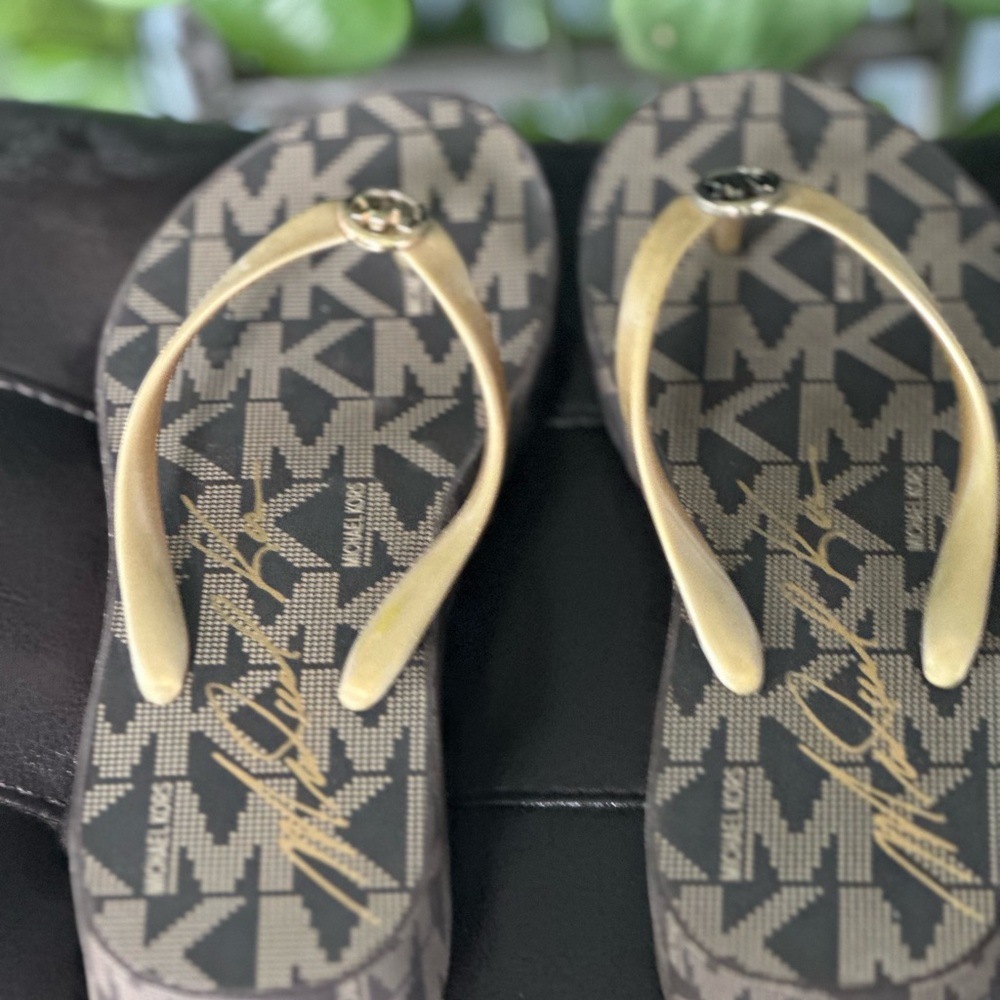 Michael Kors Gold and Brown Flip Flops